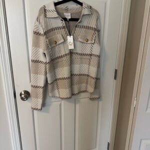 Pink Rose Cream and Tan Plaid Sweater/Jacket. Super soft and cozy. NWT